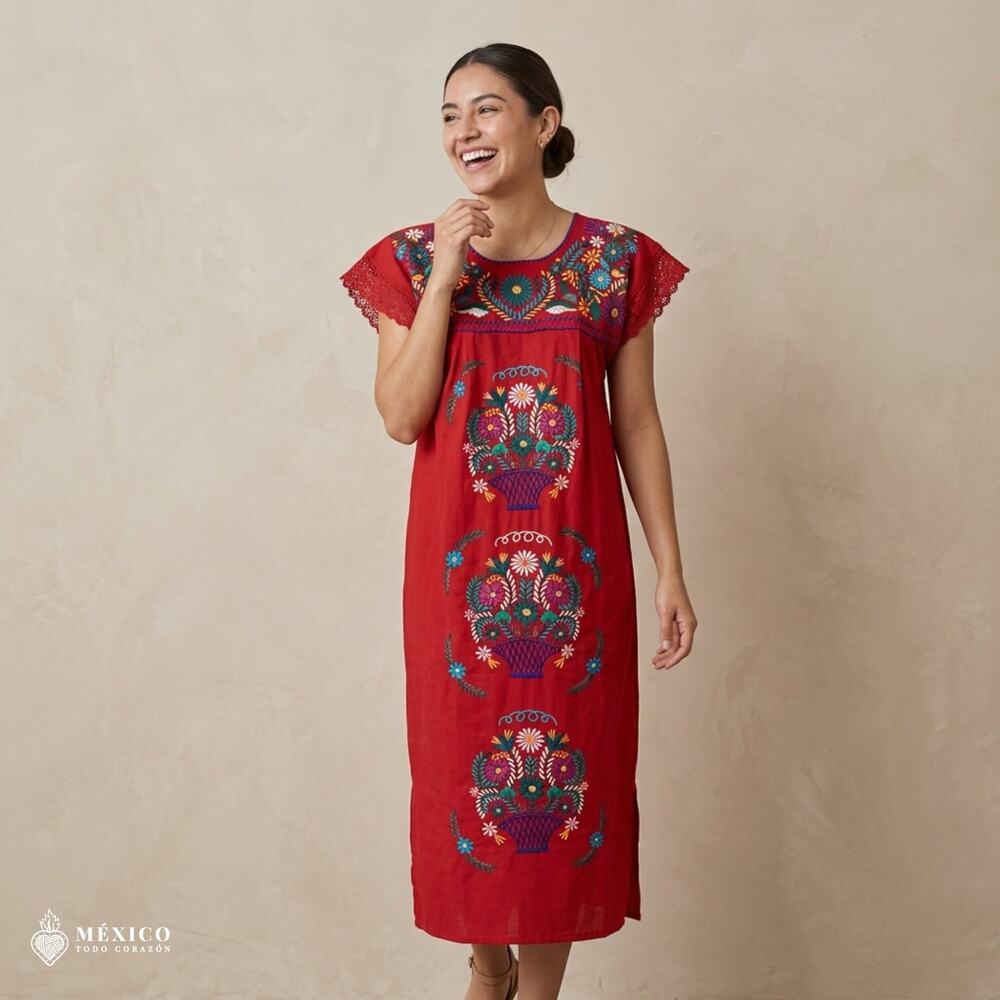 Mexican Embroidered Manta Maxi Dress – Handmade Cotton Floral Artisan Gown